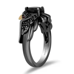 Enchanted Disney Fine Jewelry Black Rhodium Over Sterling Silver and 10K Yellow Gold with 1/5 CTTW Black Diamonds, Onyx and Garnet Sleeping Beauty 65th Anniversary Celebration Maleficent Ring