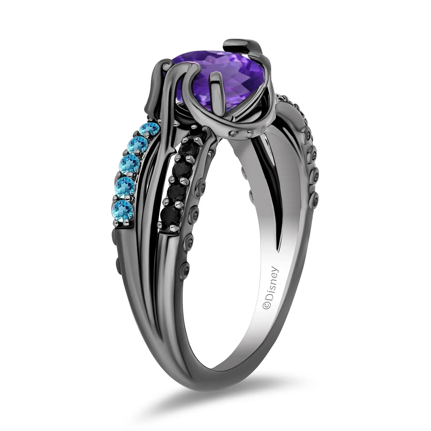 Enchanted Disney Fine Jewelry Black Rhodium Over Sterling Silver with 1/8 CTTW Diamonds, Amethyst and Swiss Blue Topaz Ursula Ring