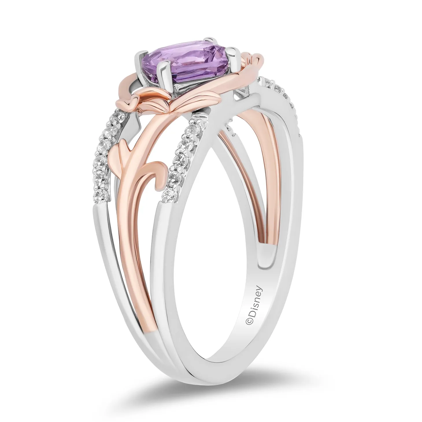 Enchanted Disney Fine Jewelry Sterling Silver and 10K Rose Gold with 1/10 CTTW Diamonds and Rose De France Rapunzel Ring
