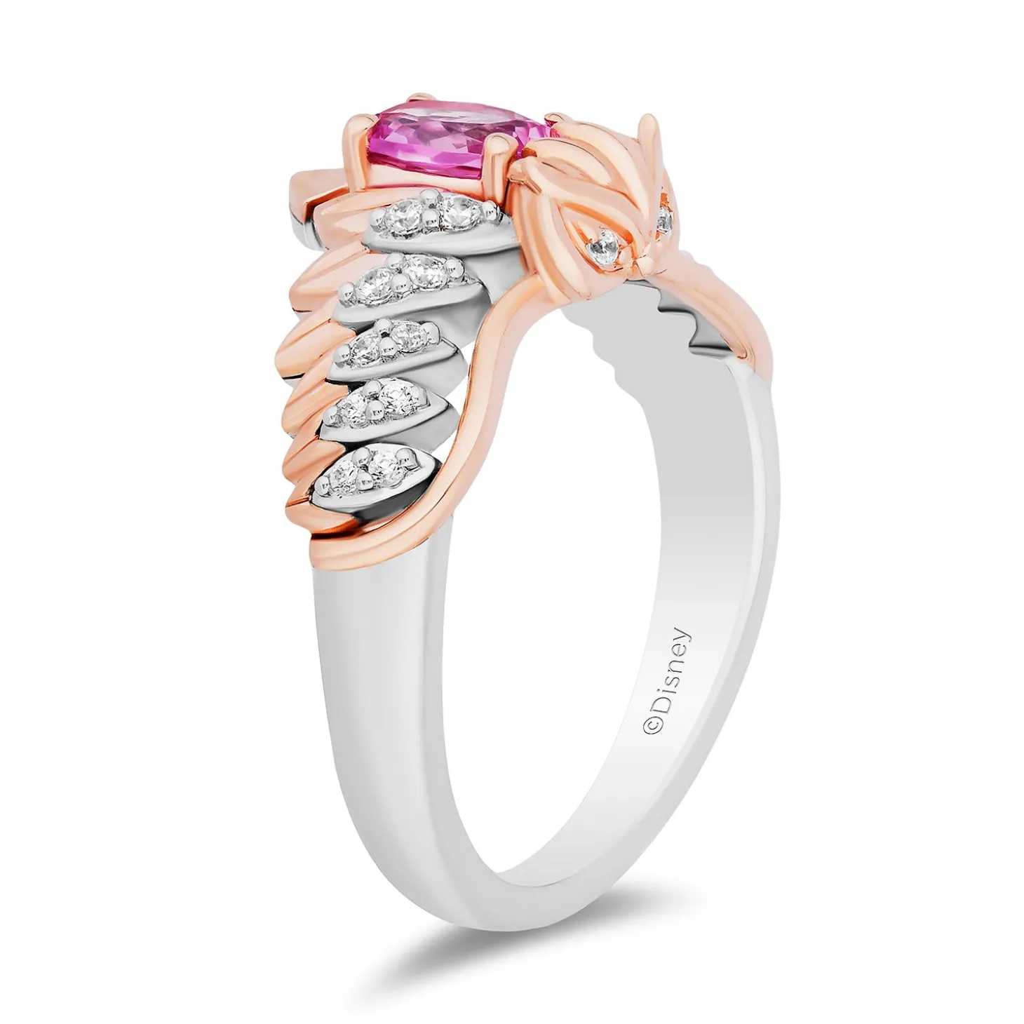 Enchanted Disney Fine Jewelry 14K Rose Gold Over Sterling Silver with 1/8 CTTW Diamonds and Created Pink Sapphire Sleeping Beauty 65th Anniversary Celebration Aurora Owl Ring