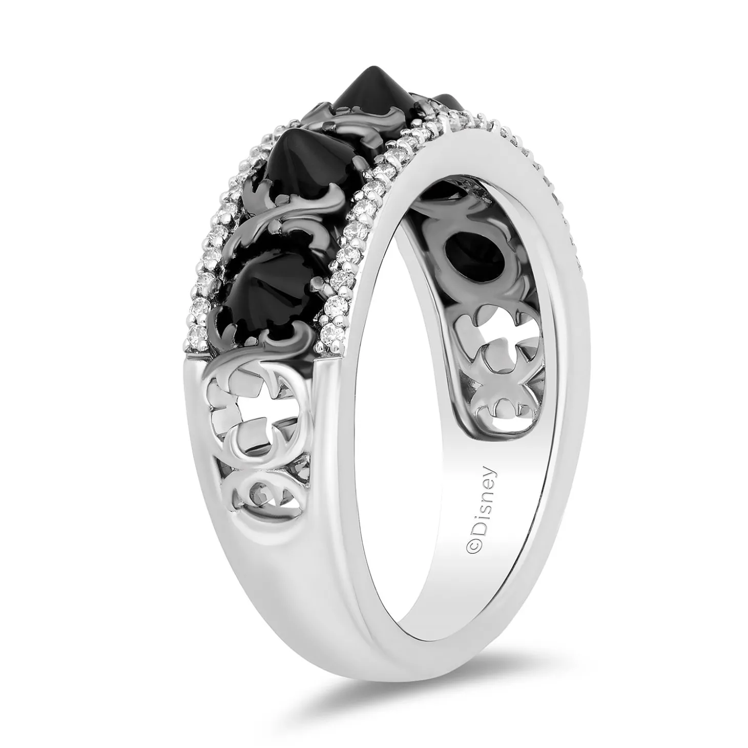 Enchanted Disney Fine Jewelry Black Rhodium Over Sterling Silver with 1/6 CTTW Diamonds and Black Onyx Maleficent Ring