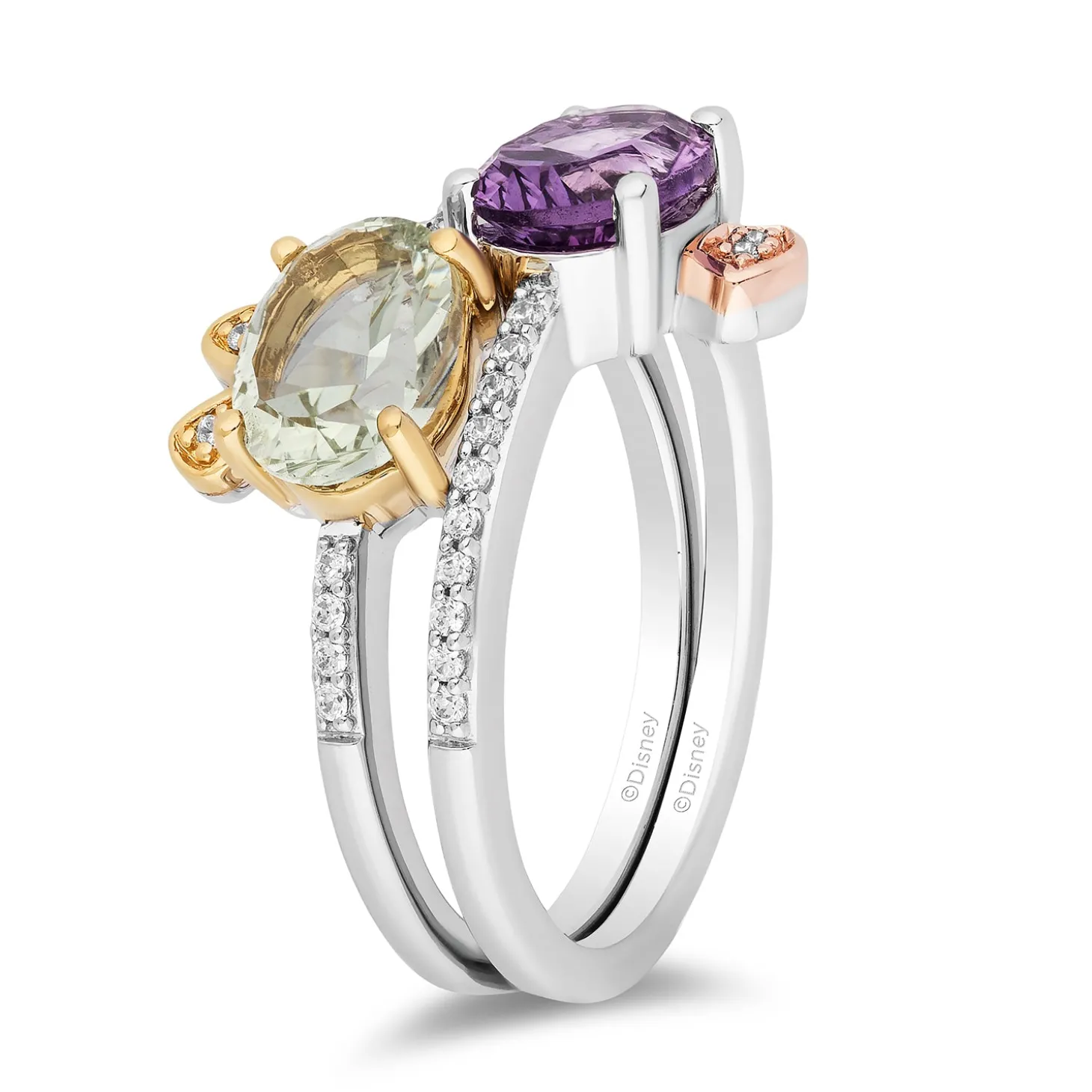 Enchanted Disney Fine Jewelry Sterling Silver and 10K Yellow and Rose Gold 1/6 CTTW Diamond with Green and Purple Amethyst Stepsisters Stackable Ring