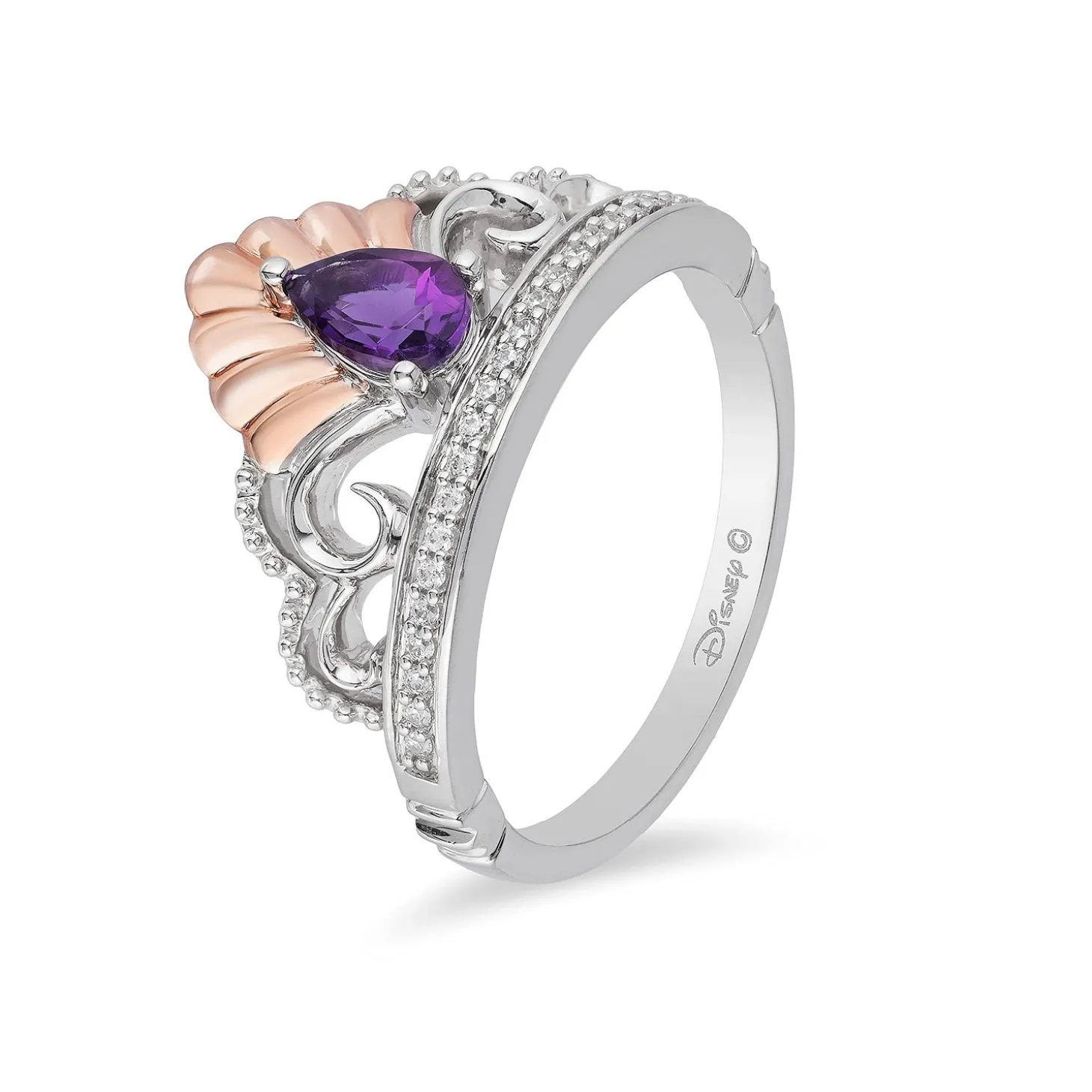 Enchanted Disney Fine Jewelry Sterling Silver and 10K Rose Gold with 1/10 CTTW Diamond and Amethyst Ariel Shell Tiara Ring