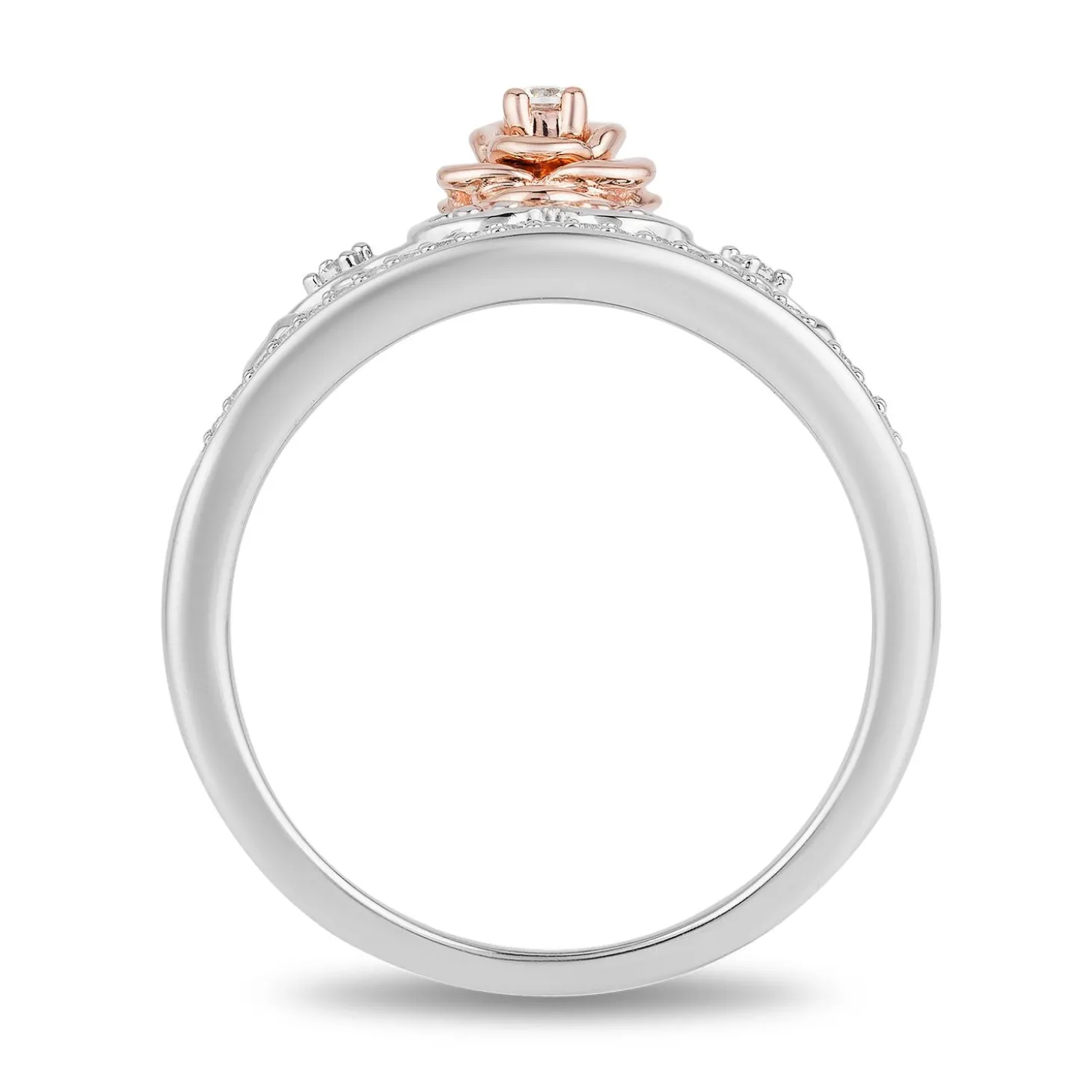 Enchanted Disney Fine Jewelry Sterling Silver and 10k Rose Gold 1/10 CTTW Belle Rose Tiara Ring
