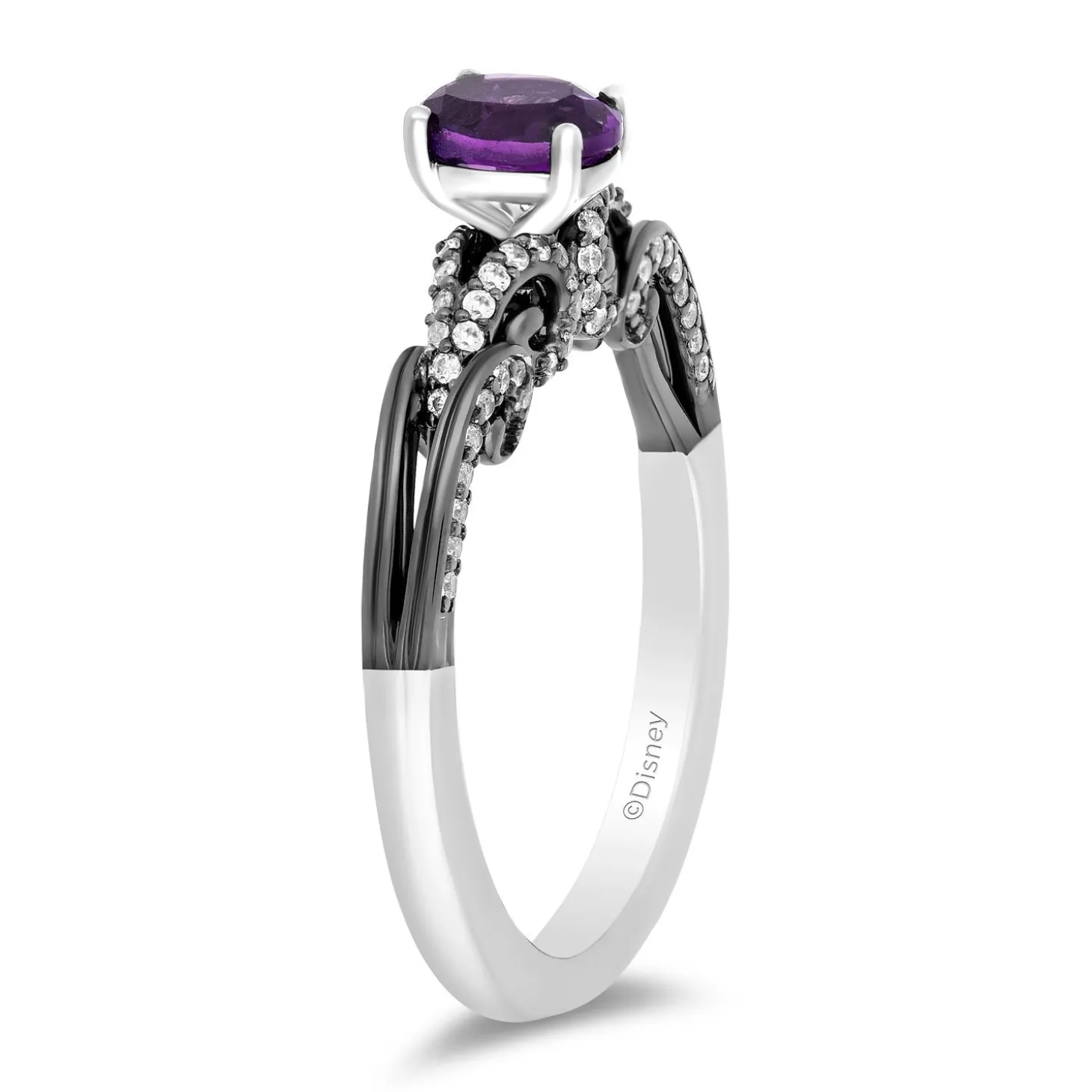 Enchanted Disney Fine Jewelry 14K White Gold with Black Rhodium Ursula Gemstone Engagement Ring with Oval Amethyst Center and 1/4 CTTW Diamonds