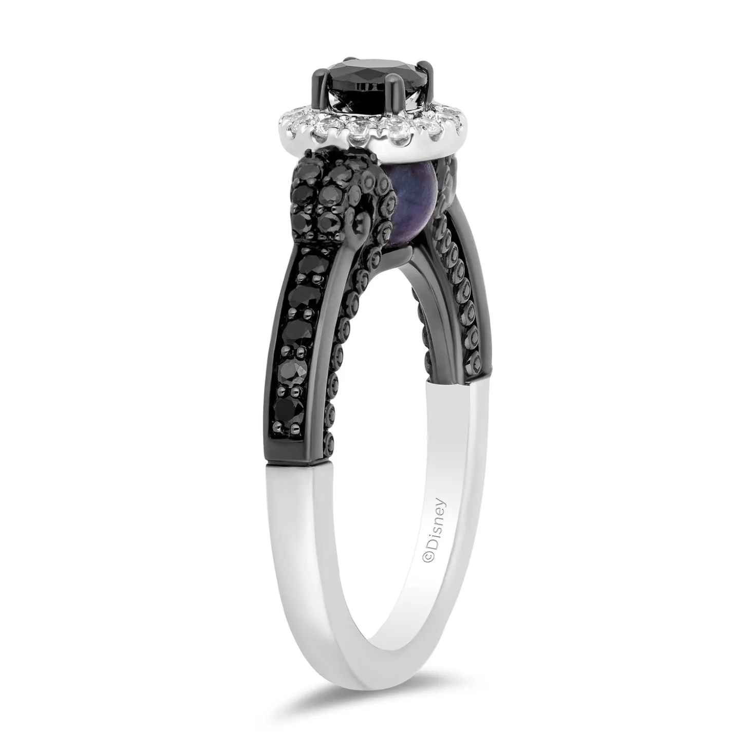 Enchanted Disney Fine Jewelry 14K White Gold with Black Rhodium Ursula Halo Engagement Ring with 1 CTTW Diamonds and Peek-a-boo Black Pearl