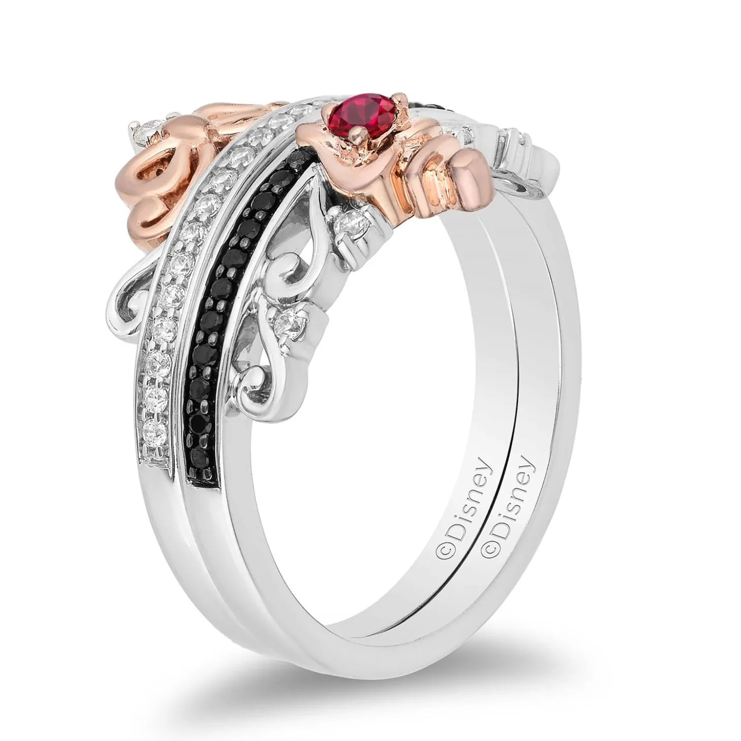 Enchanted Disney Fine Jewelry Sterling Silver and 10K Rose Gold with 1/4 CTTW Diamond and Ruby Snow White and Evil Queen Duo Ring Set