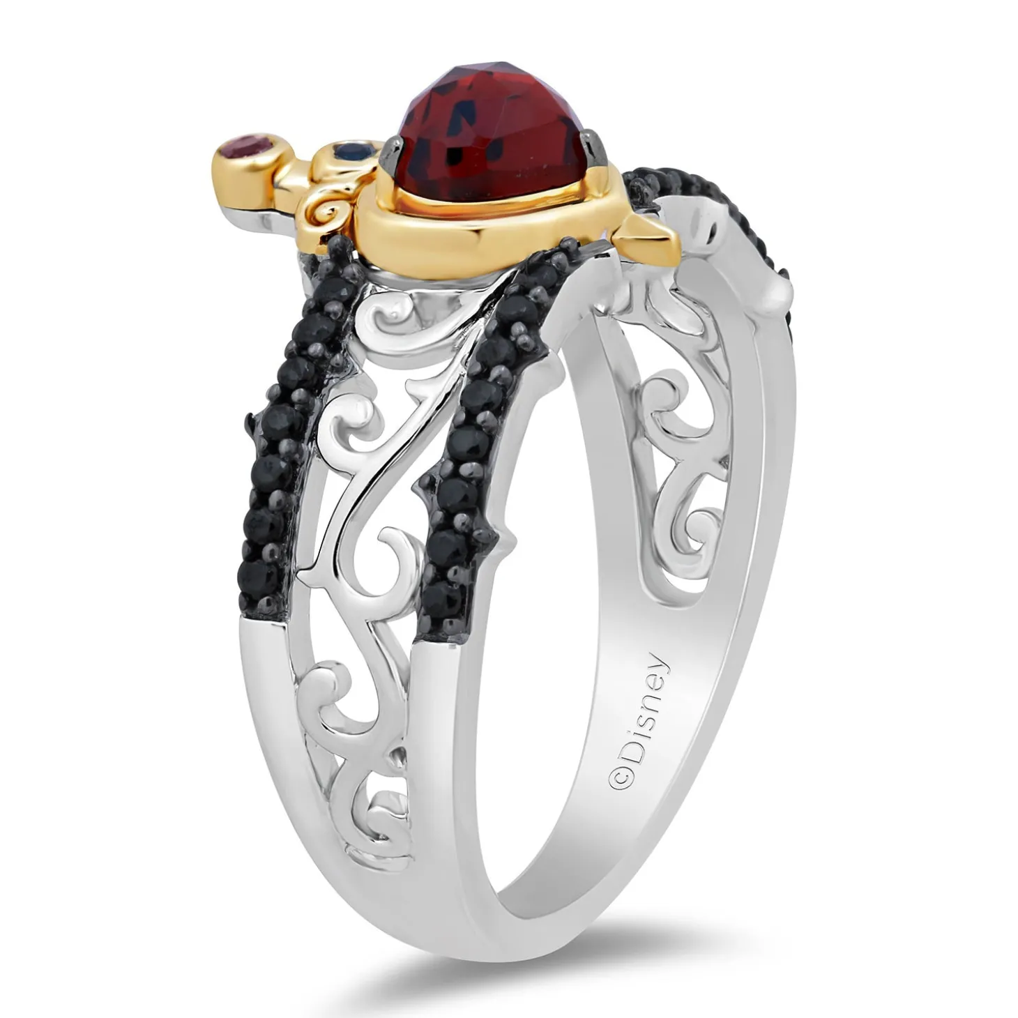 Enchanted Disney Fine Jewelry 10K Yellow Gold and Sterling Silver with 1/4 CTTW Black Diamond and Red Garnet Evil Queen Ring