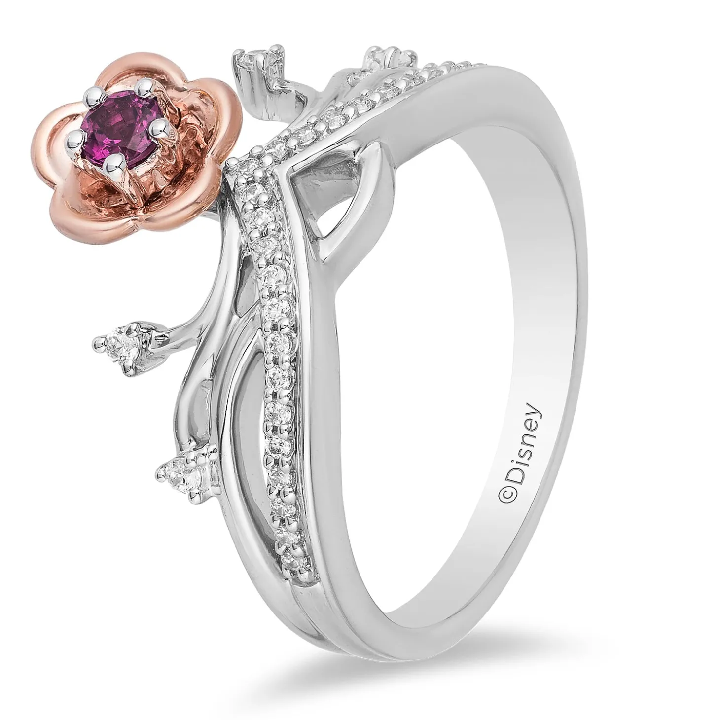 Enchanted Disney Fine Jewelry 14K Rose Gold over Sterling Silver 1/7 CTTW Diamond and Rhodolite Garnet Mulan Tiara Ring