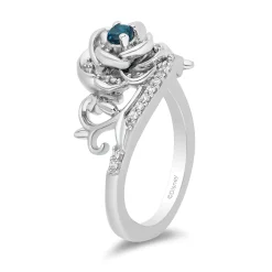 Enchanted Disney Fine Jewelry Sterling Silver with 1/6 CTTW Diamond and London Blue Topaz Cinderella 70th Anniversary Gardenia Flower Ring