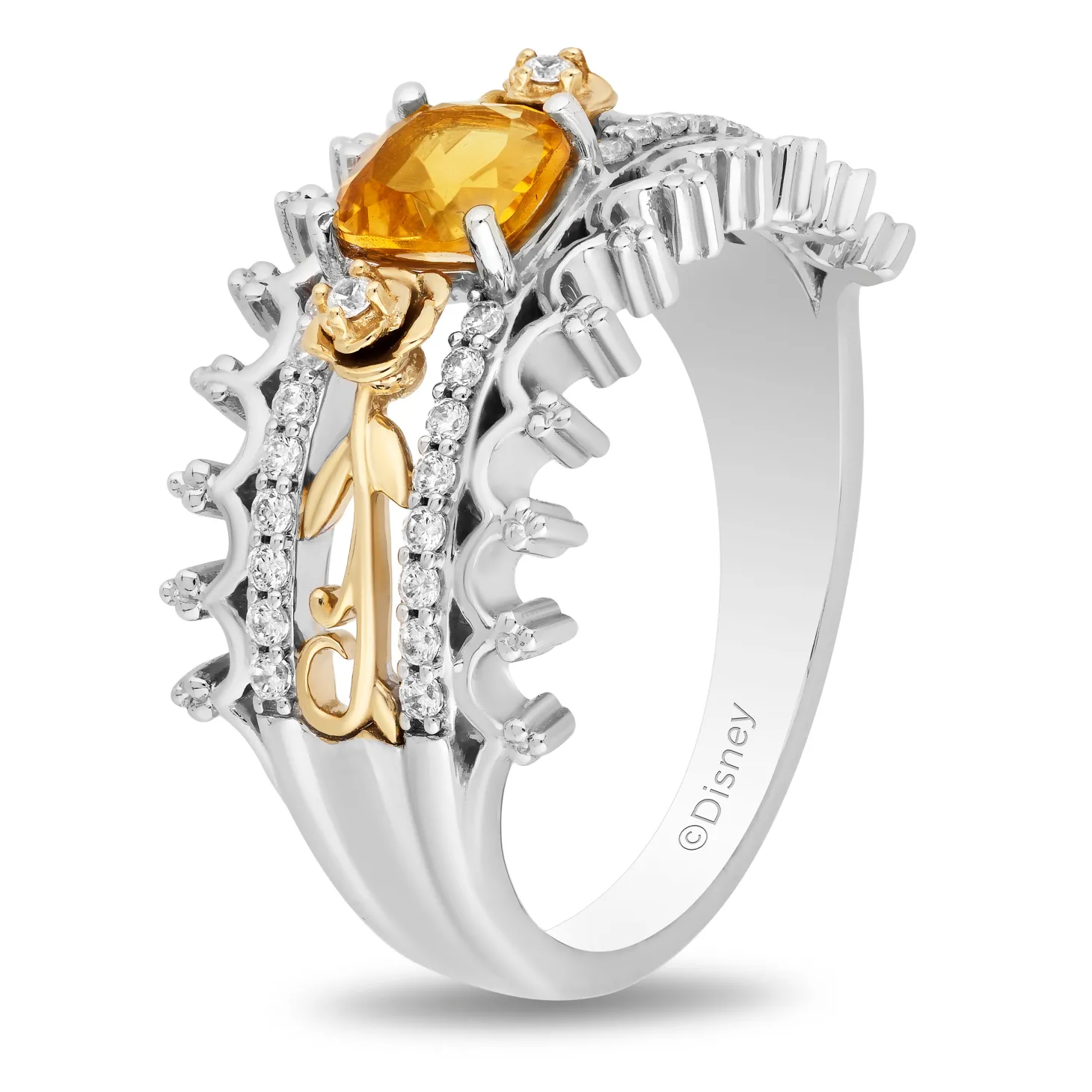 Enchanted Disney Fine Jewelry Sterling Silver and 10K Yellow Gold with Citrine and 1/4 CTTW Diamond Belle 30th Anniversary Ring