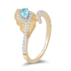 Enchanted Disney Fine Jewelry 10K Yellow Gold 1/6 CTTW Diamond with Swiss Blue Topaz Jasmine Peacock Feather Ring