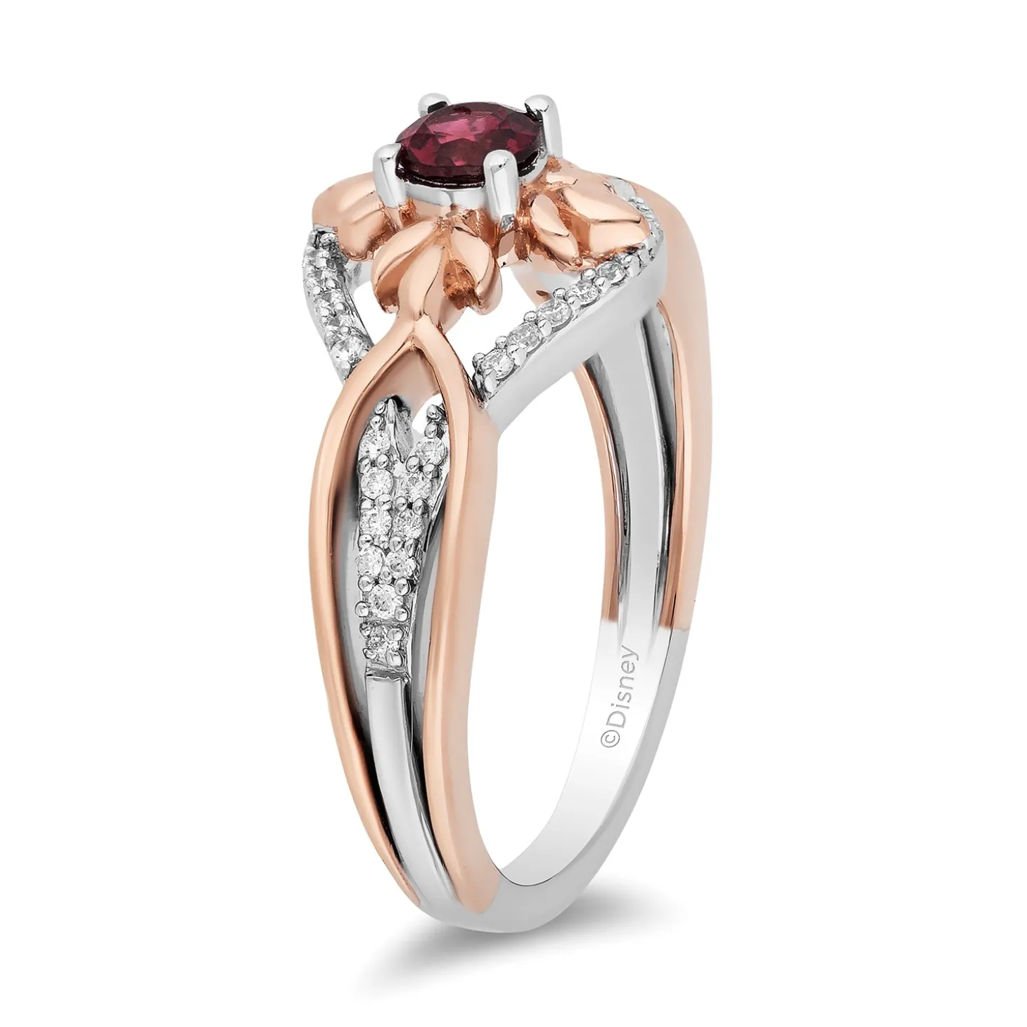 Enchanted Disney Fine Jewelry Sterling Silver and 10K Rose Gold with 1/6 CTTW Diamond and Rhodolite Garnet Anna Ring