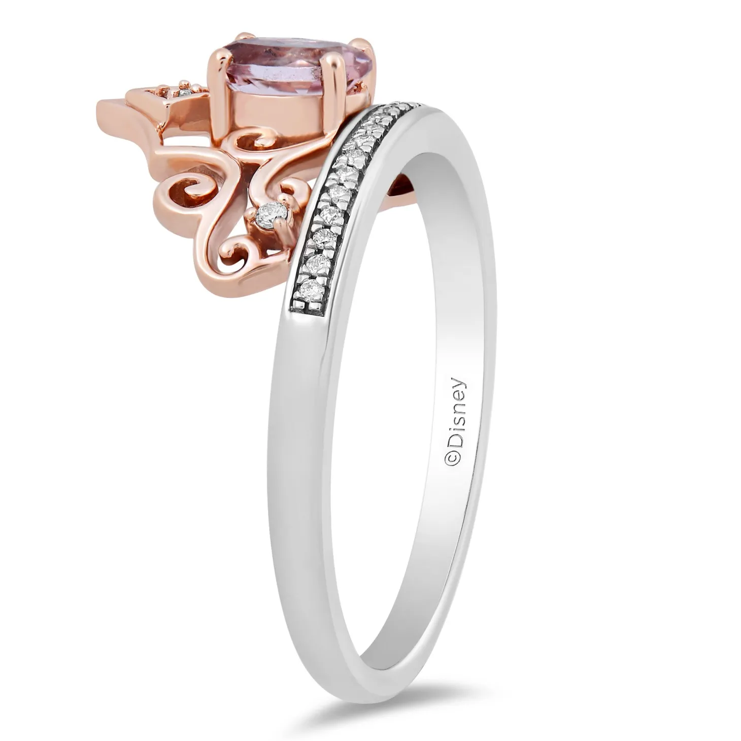 Enchanted Disney Fine Jewelry Sterling Silver and 10K Rose Gold 1/10 CTTW and Pink Tourmaline Aurora Tiara Ring