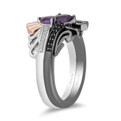 Enchanted Disney Fine Jewelry Black Rhodium and 14K Rose Gold over Sterling Silver With 1/6 CTTW Black and White Diamond and Pear Amethyst Ariel and Ursula Villains Duo Stack Ring