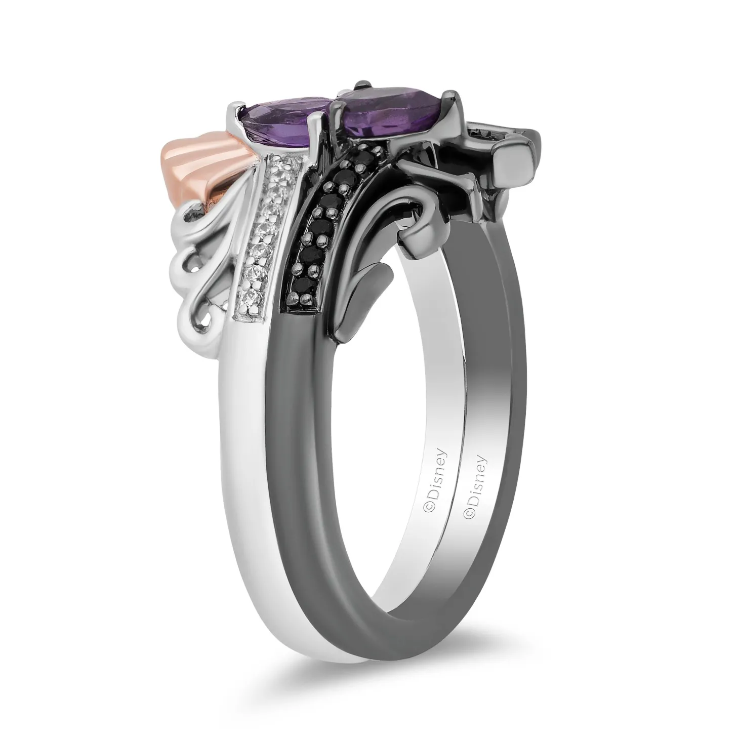 Enchanted Disney Fine Jewelry Black Rhodium and 14K Rose Gold over Sterling Silver With 1/6 CTTW Black and White Diamond and Pear Amethyst Ariel and Ursula Villains Duo Stack Ring
