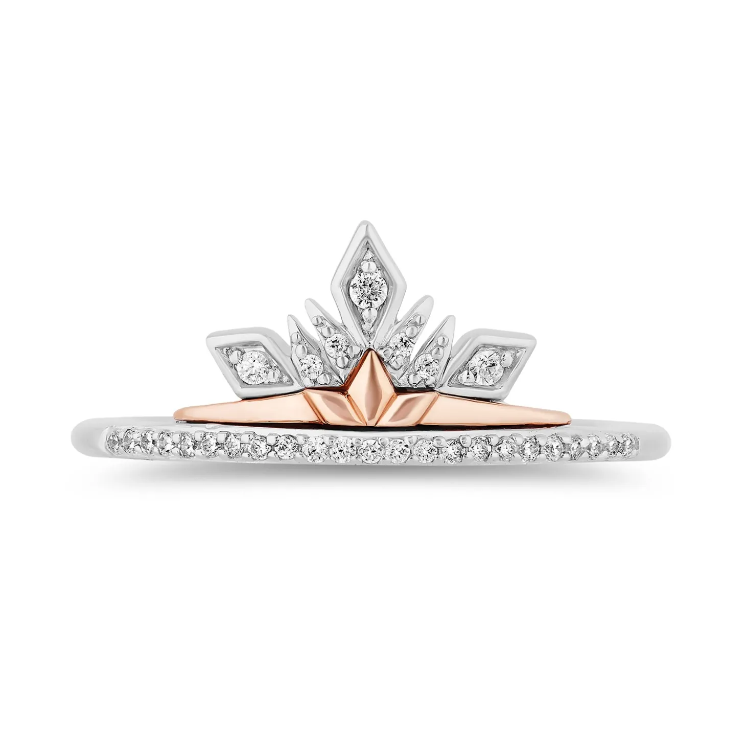 Enchanted Disney Fine Jewelry Sterling Silver and 10K Rose Gold With 1/6 CTTW Diamond Elsa and Anna Duo Stack Ring