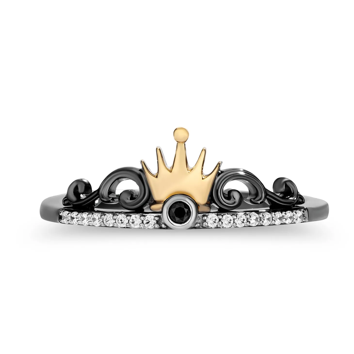 Enchanted Disney Fine Jewelry Black Rhodium Over Sterling Silver with 10K Rose Gold and Yellow Gold 1/8 CTTW Diamond and Red Garnet Evil Queen Aurora Stack Ring
