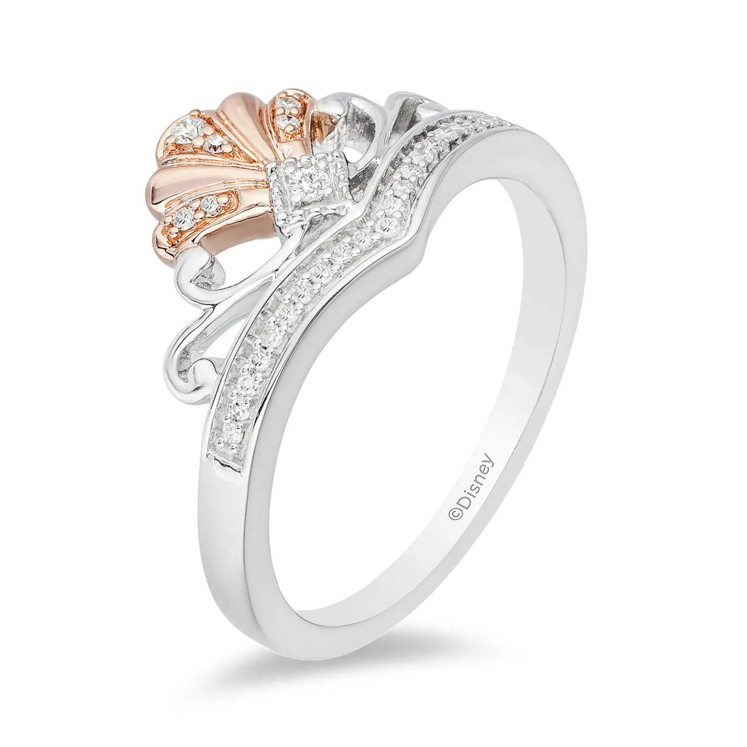 Enchanted Disney Fine Jewelry 14K Rose Gold Over Sterling Silver with 1/10 CTTW Ariel Shell Tiara Ring