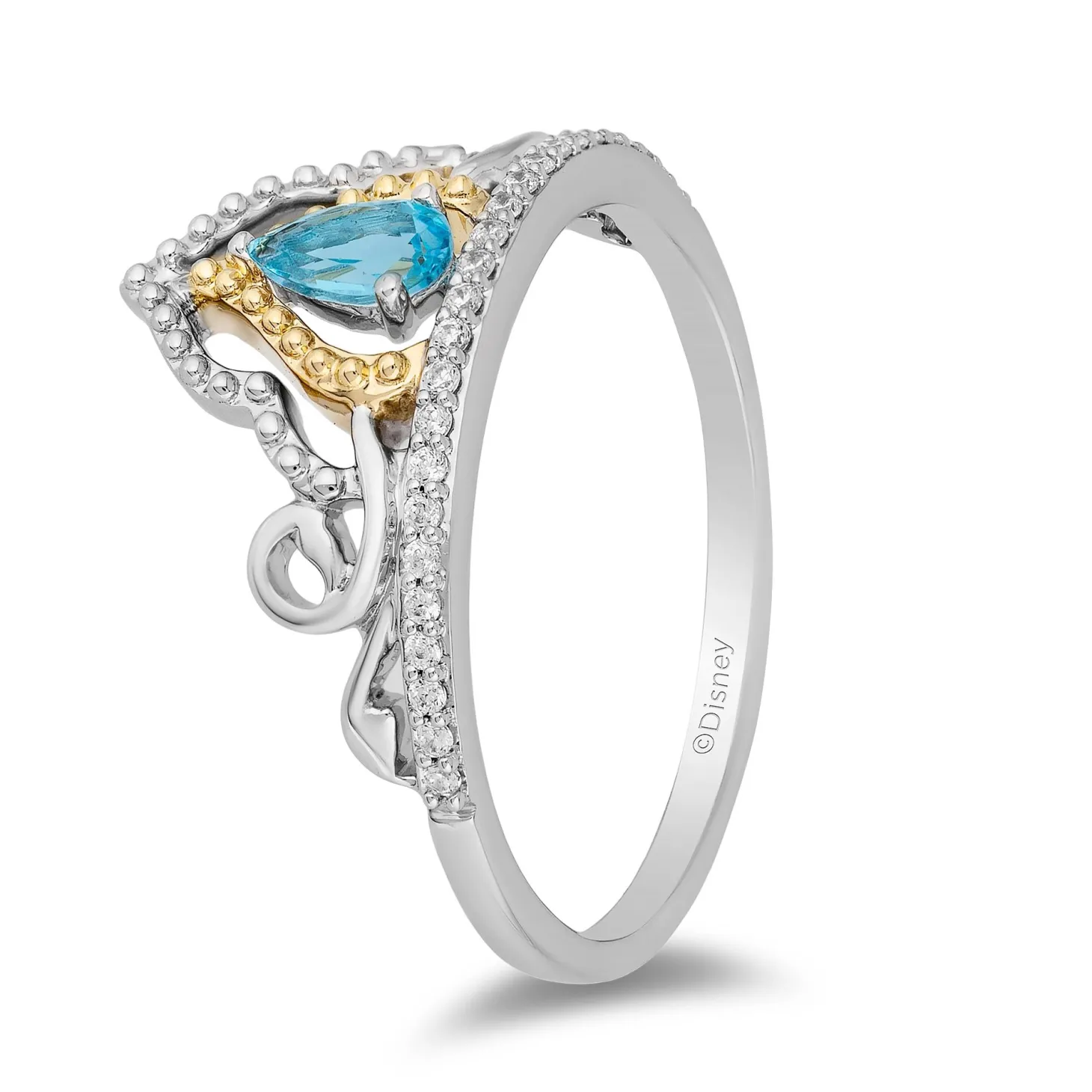 Enchanted Disney Fine Jewelry Sterling Silver and 10K Yellow Gold 1/10 CTTW Diamond and Swiss Blue Topaz Jasmine Ring