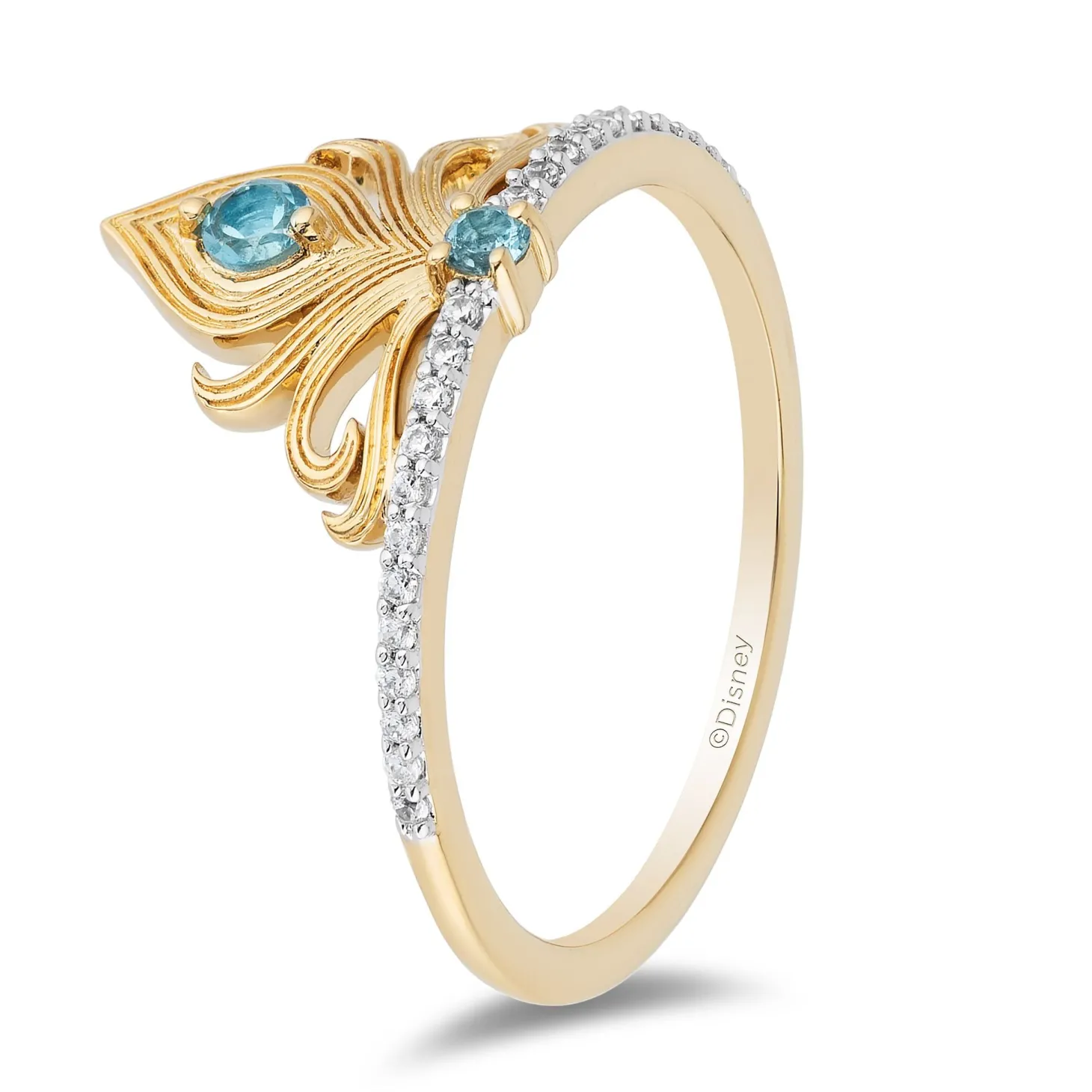 Enchanted Disney Fine Jewelry 14K Yellow Gold over Sterling Silver with 1/10 CTTW Diamond and Swiss Blue Topaz Jasmine Ring