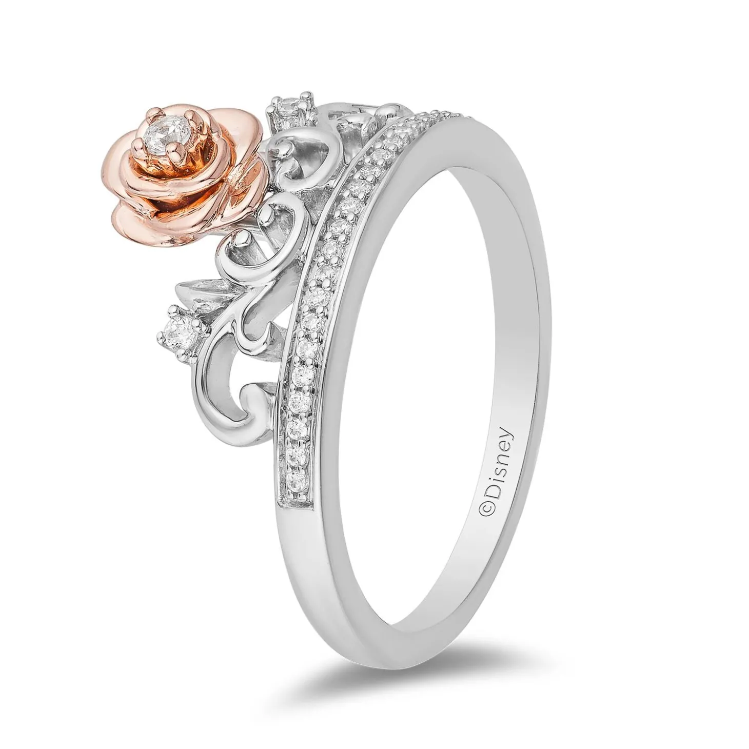 Enchanted Disney Fine Jewelry Sterling Silver and 10k Rose Gold 1/10 CTTW Belle Rose Tiara Ring