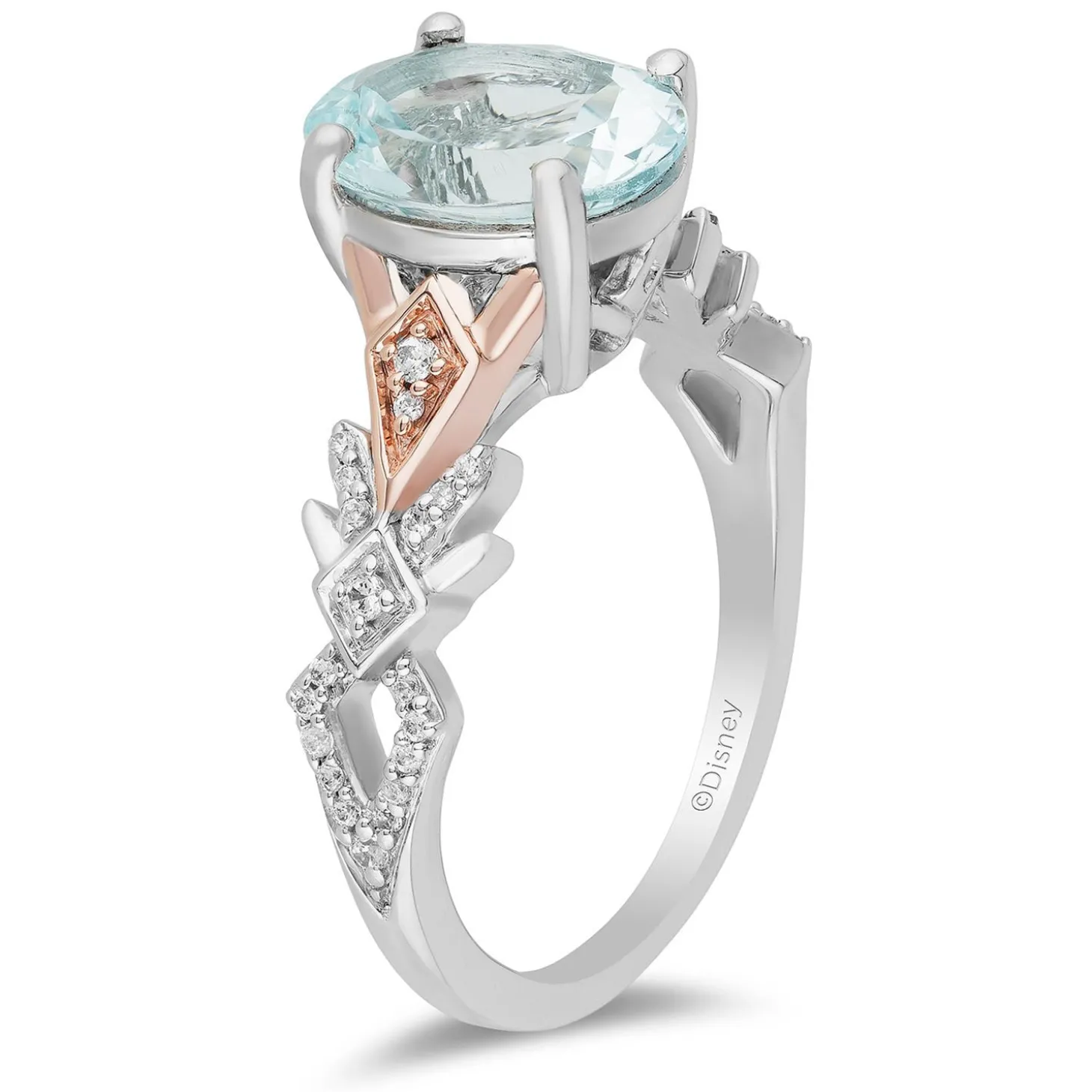 Enchanted Disney Fine Jewelry 10K White Gold and Rose Gold with 1/6 CTTW Diamond and Aquamarine Elsa Engagement Ring