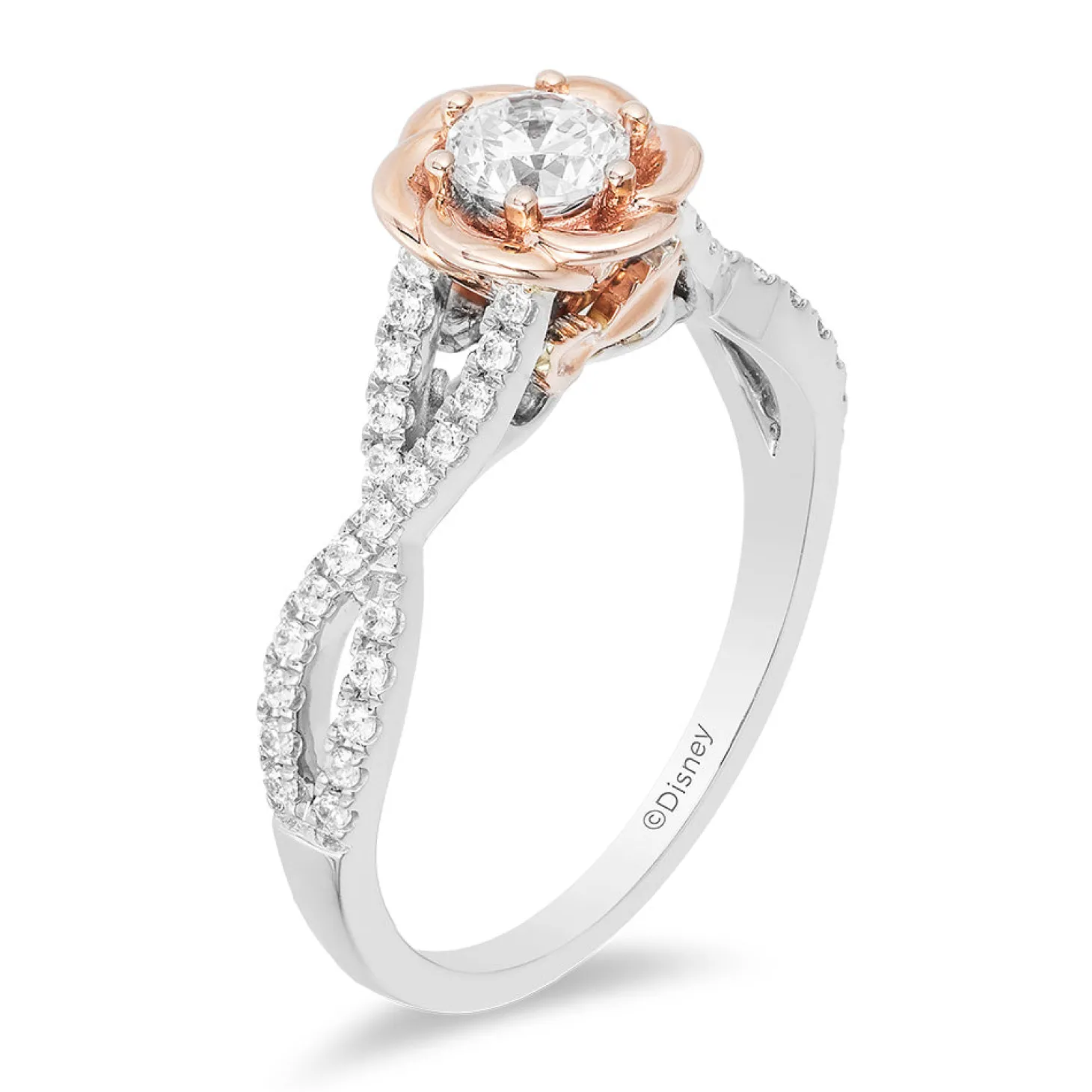 Enchanted Disney Fine Jewelry 14K Rose Gold and White Gold with 1/2 CTTW Diamond Belle Bridal Ring