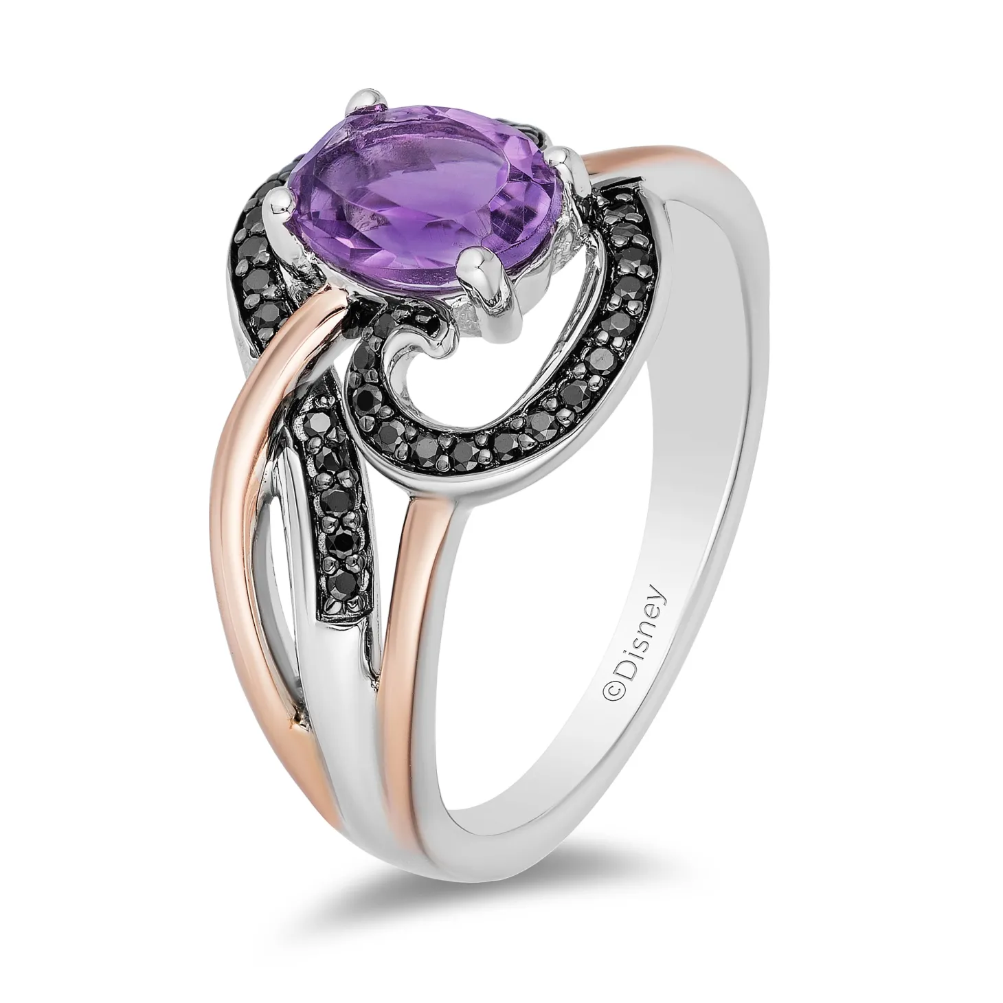 Enchanted Disney Fine Jewelry 14K Rose Gold over Sterling Silver Black Rhodium with 1/5 CTTW Diamond and Amethyst Ursula Ring