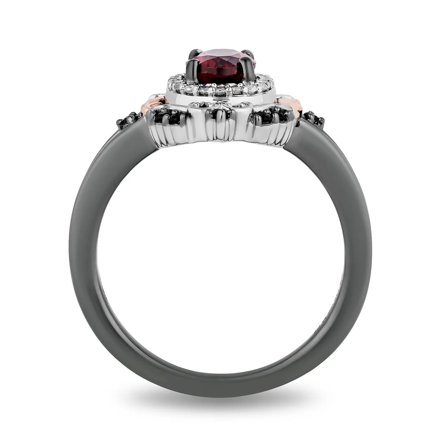 Enchanted Disney Fine Jewelry Black Rhodium over Sterling Silver and 10K Rose Gold 1/5 CTTW Black and White Diamond with Red Garnet Evil Queen Ring