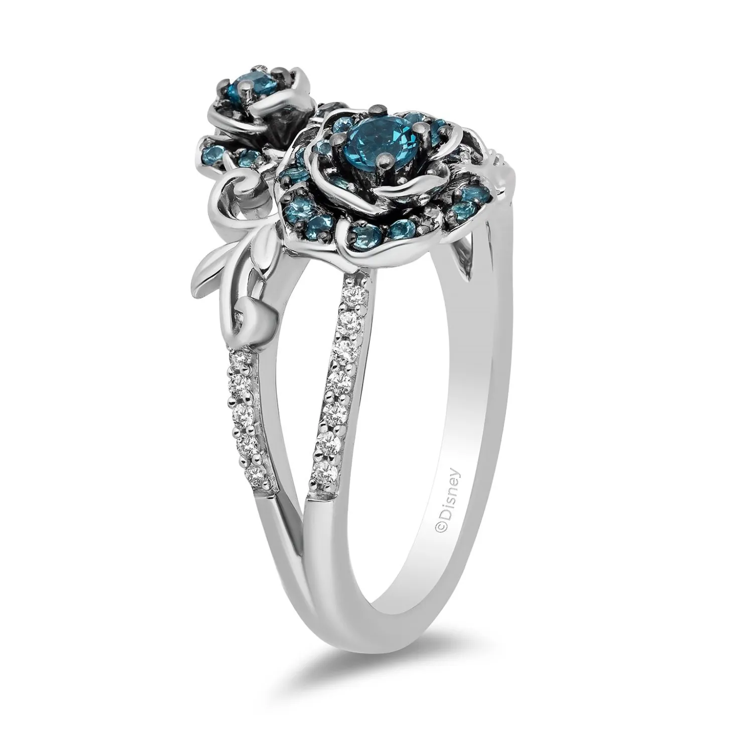 Enchanted Disney Fine Jewelry Sterling Silver with 1/6 CTTW Diamond and London Blue Topaz Cinderella 70th Gardenia Flower Ring