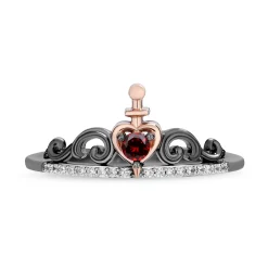 Enchanted Disney Fine Jewelry Black Rhodium Over Sterling Silver with 10K Rose Gold and Yellow Gold 1/8 CTTW Diamond and Red Garnet Evil Queen Aurora Stack Ring