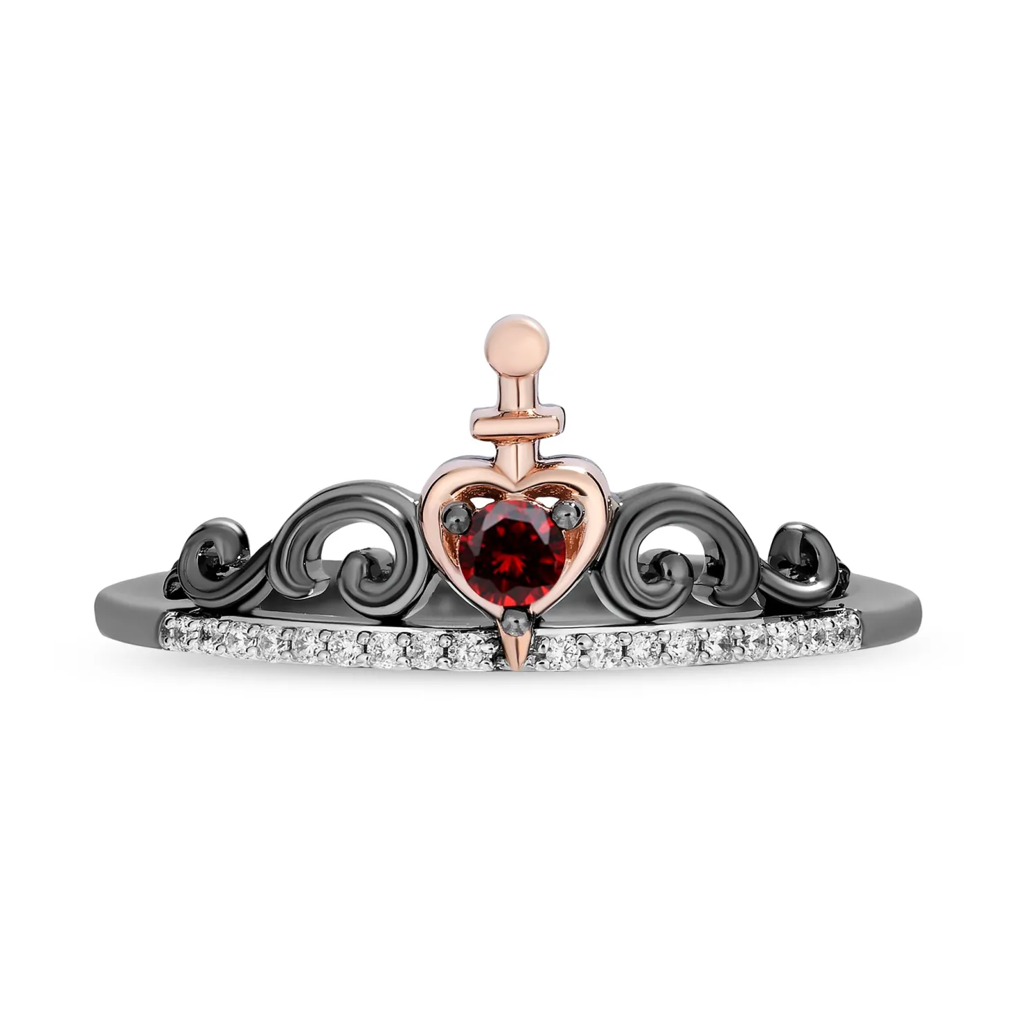 Enchanted Disney Fine Jewelry Black Rhodium Over Sterling Silver with 10K Rose Gold and Yellow Gold 1/8 CTTW Diamond and Red Garnet Evil Queen Aurora Stack Ring