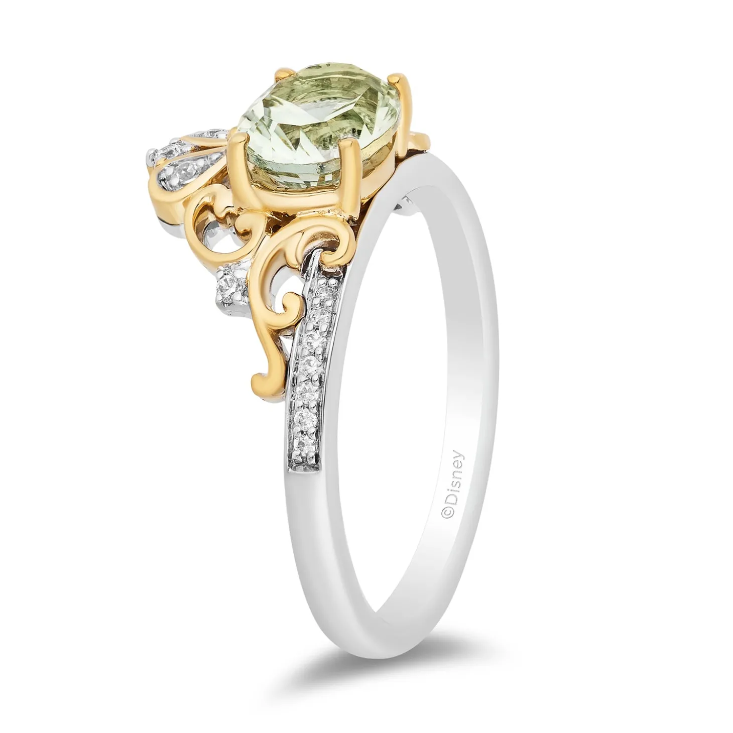 Enchanted Disney Fine Jewelry Sterling Silver and 10K Yellow Gold 1/10 CTTW Diamond and Concave Oval Green Amethyst Stepsisters Ring