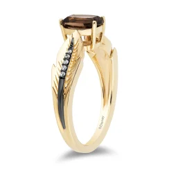 Enchanted Disney Fine Jewelry 10K Yellow Gold with 1/20 CTTW Diamond and Smokey Quartz Pocahontas Feather Ring