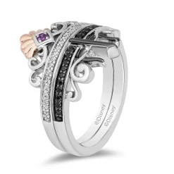 Enchanted Disney Fine Jewelry Black Rhodium and 14K Rose Gold Over Sterling Silver with 1/5 CTTW Diamonds and Amethyst Ariel Ursula Duo Ring
