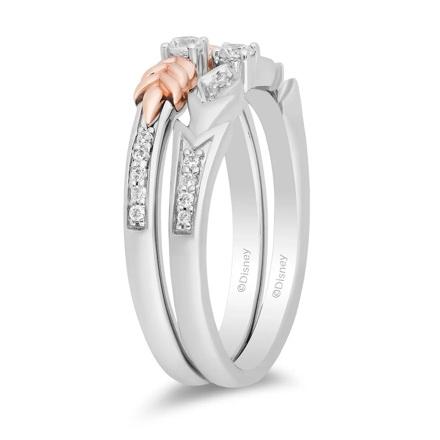 Enchanted Disney Fine Jewelry Sterling Silver and 10K Rose Gold With 1/5 CTTW Diamond Elsa and Anna Duo Stack Ring