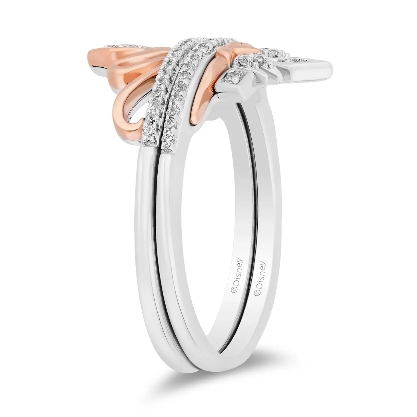 Enchanted Disney Fine Jewelry Sterling Silver and 10K Rose Gold With 1/6 CTTW Diamond Elsa and Anna Duo Stack Ring