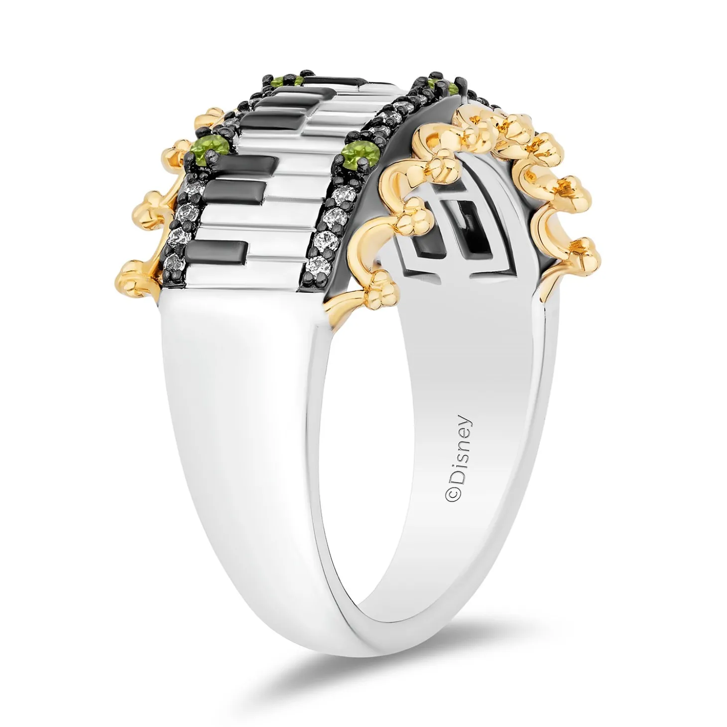 Enchanted Disney Fine 'Princess and Frog Anniversary' Special Jewelry Black Rhodium Over Sterling Silver and 10K Yellow Gold with 1/8 CTTW Diamonds and Peridot Princess and the Frog 15th Anniversary Tiana Ring